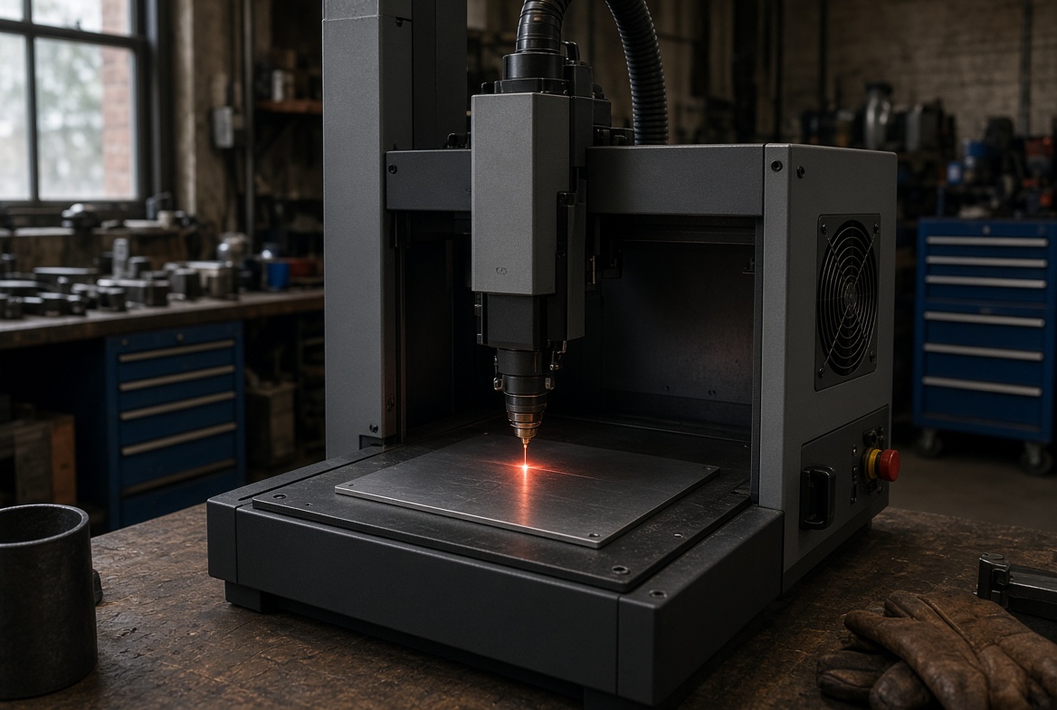 Fiber laser marking a metal plate in the workshop